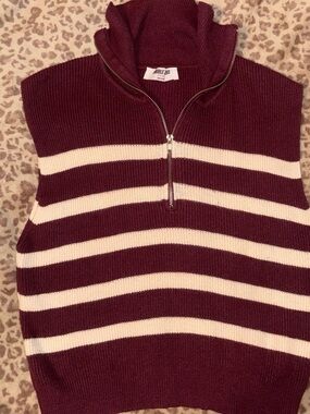 Double Zero Maroon & Cream Zip-Up Striped Sweater Vest